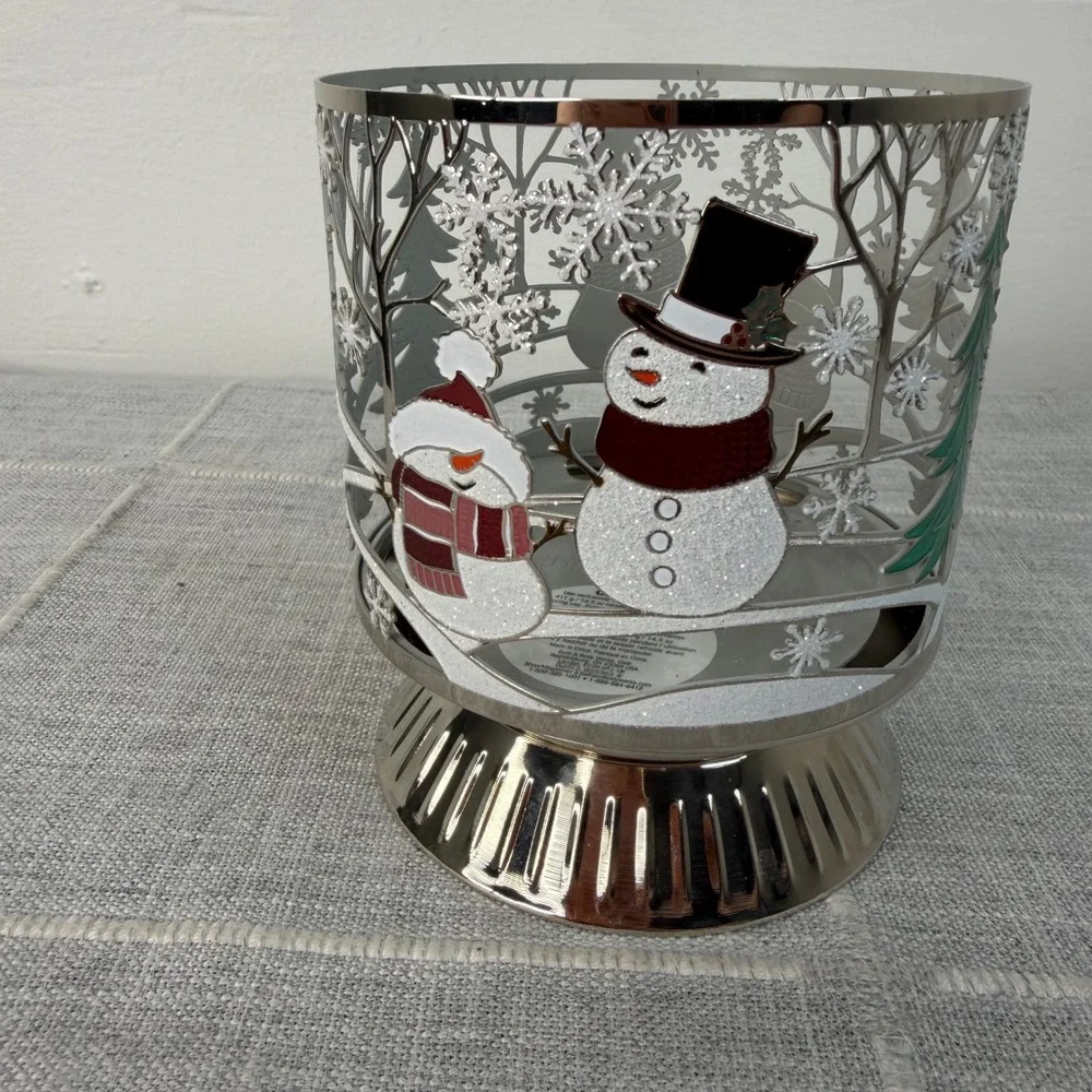 Bath & Body Works Happy Snowman Couple Scene 3-Wick Candle Holder Pedestal